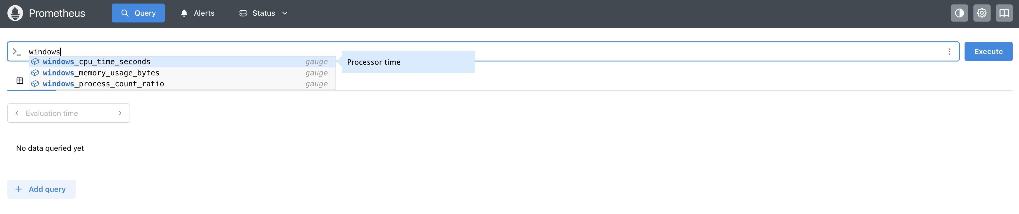 Prometheus dashboard showing Windows metrics